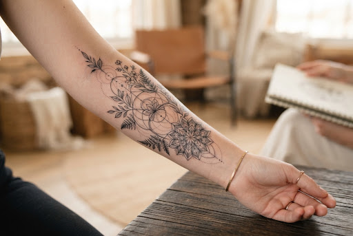 Tatuaje de geometría sagrada y mandala floral en antebrazo con líneas nítidas